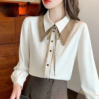 Реколта елегантен шик лейси риза с яка-лък в корейски стил, офис женска риза с копчета, модни свободна блуза с дълъг ръкав, топ, дамски блузы