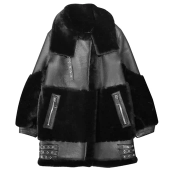Зимно дамско палто от естествена овча кожа, дълга байкерская яке от естествена кожа в стил пънк, дебела топла луксозно палто от естествена вълна