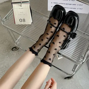 Дамски секси фини дълги чорапи с петна във формата на сърце с набори, униформи JK, Лолита, уважаеми фибростъкло, прозрачни черни дантелени чорапи в стил Ins